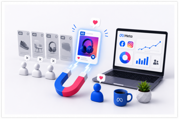 3D Illustration Showing A Standout Meta Ad Attracting User Attention With Analytics, Audience Targeting, And Engagement, Representing Modern Meta Advertising Services That Create Memorable Campaigns.