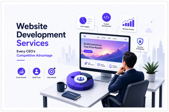 Modern 3D Illustration Of A Ceo Reviewing A Business Website Dashboard With Website Development Services, Analytics, User Experience, Digital Growth, And Performance Metrics.