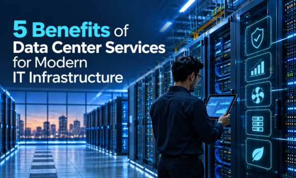 5 Benefits Of Data Center Services For Modern It Infrastructure 1 Modern Data Center With Illuminated Server Racks And An It Professional Monitoring Infrastructure On A Tablet, Illustrating Five Benefits Of Data Center Services For Modern It Infrastructure.