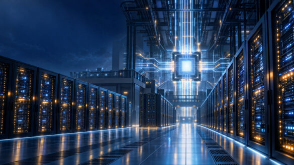 Illustration Of A Data Center And Glowing Processor Representing Ai Revenue Growth And Computing Costs.