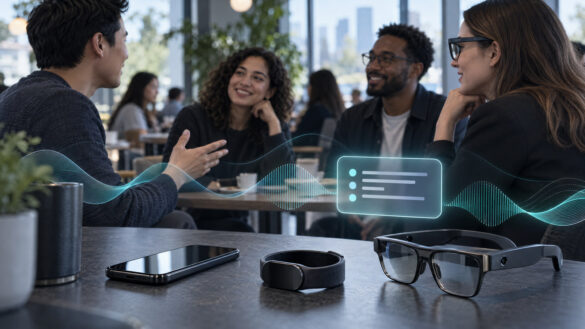 Illustration Of A Conversation In A Café With Generic Smart Glasses, A Wrist Wearable And An Ai Summary Graphic, Representing Privacy Questions Around Ai Wearables.