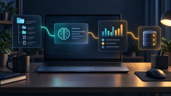 Editorial Illustration Of A Developer Tools Workflow: Code Files Prepared For Ai, A Usage Dashboard, And A Backend Database.