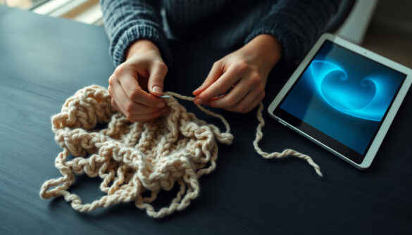 An Artisan Crochets A Cream Textile Beside A Tablet With A Cyan Abstract Glow, Illustrating Etsy’s New Rules For Ai And Handmade Listings.