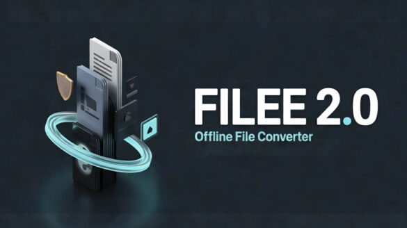 Charcoal And Cyan Illustration For Filee 2.0, With Stacked File Icons Encircled By A Glowing Conversion Ring.