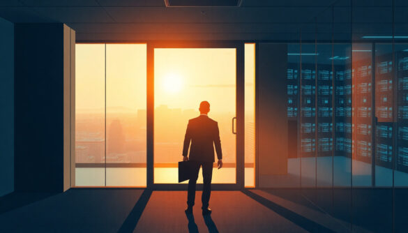 A Professional Calmly Considers A New Career Direction In A Modern Office, With A Subtle Data-Centre Corridor In The Background.
