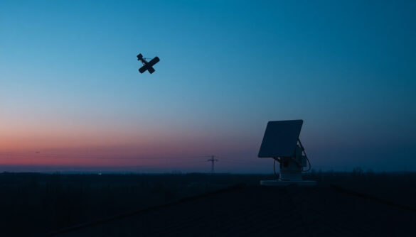 Illustration Of An Unbranded Satellite Internet Terminal On A Rooftop Receiving A Signal From A Low-Earth-Orbit Satellite At Dusk.