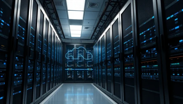 Charcoal Data-Center Server Racks Illuminated In Cyan, Illustrating Scrutiny Of Ai Infrastructure Spending.