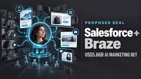 Editorial Hero Illustration For The Proposed Salesforce–Braze Acquisition, Showing Customer Profiles And Digital Campaign Channels In Itmunch Cyan And Charcoal Beside The Headline “Us$5.66B Ai Marketing Bet.”